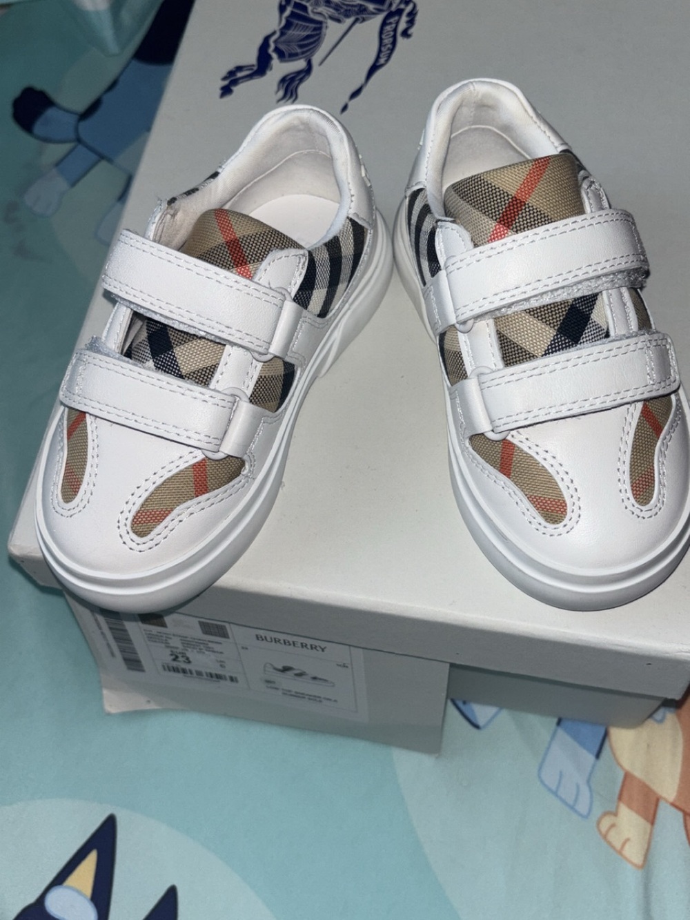 Burberry White Leather Kids Sneakers with Classic Beige Plaid